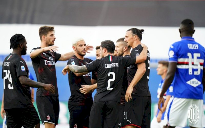 RAYAKAN GOL. AC Milan menang 4-1 atas Sampdoria di pekan ke-37 Liga Italia, saat bertandang ke Stadio Luigi Ferraris, Kamis (30/7/2020) dini hari WITA.&nbsp;foto: twitter @acmilan