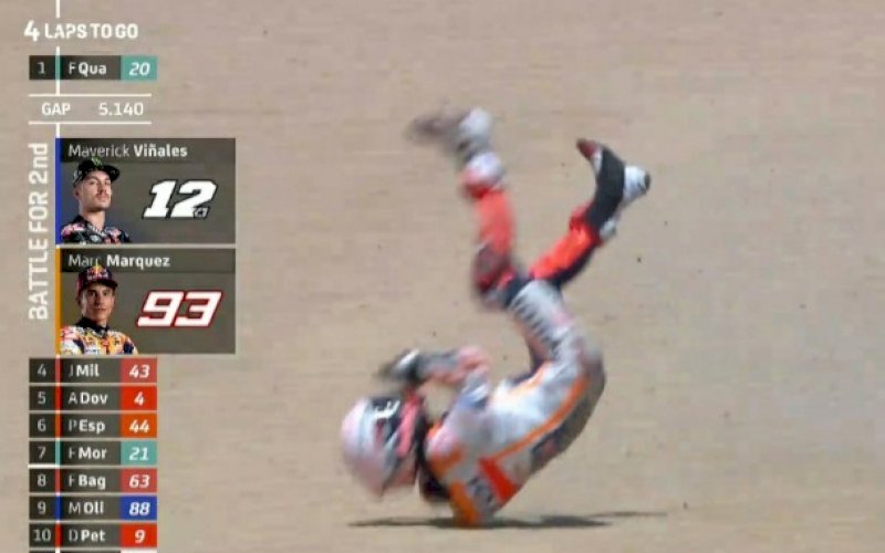 JATUH. Marc Marquez terjatuh di&nbsp;MotoGP Spanyol, Minggu (18/7/2020) lalu. foto: motoGP