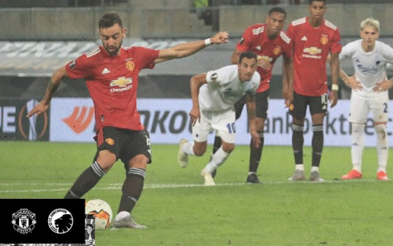 PENALTI. Bruno Fernandes&nbsp;menendang penalti yang berbuah gol kemenangan 1-0 Manchester United&nbsp;atas FC Copenhagen dalam babak perempatfinal Liga Europa di RheinEnergie Stadion, Jerman, Selasa (11/8/2020) dini hari WITA. foto: twitter @manutd