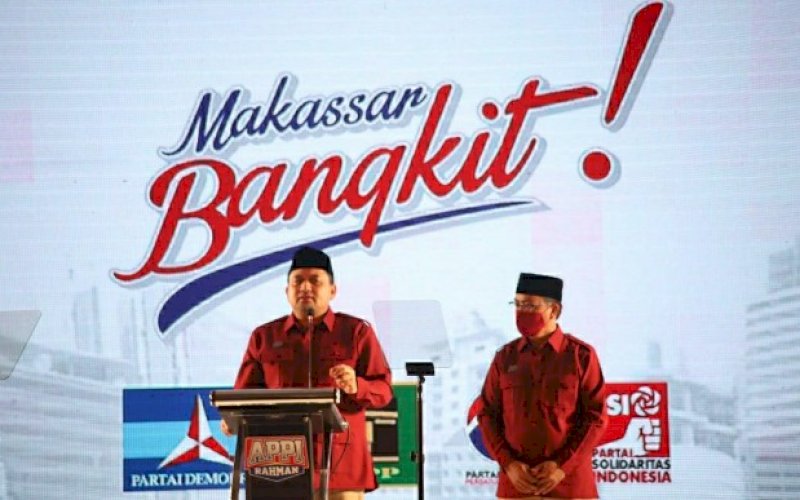 DEKLARASI. Pasangan bakal calon Wali Kota dan Wakil Wali Kota Makassar, Munafri Arifuddin-Abd Rahman Bando deklarasi di Hotel Aryaduta Makassar, Jumat (21/8/2020). foto: istimewa