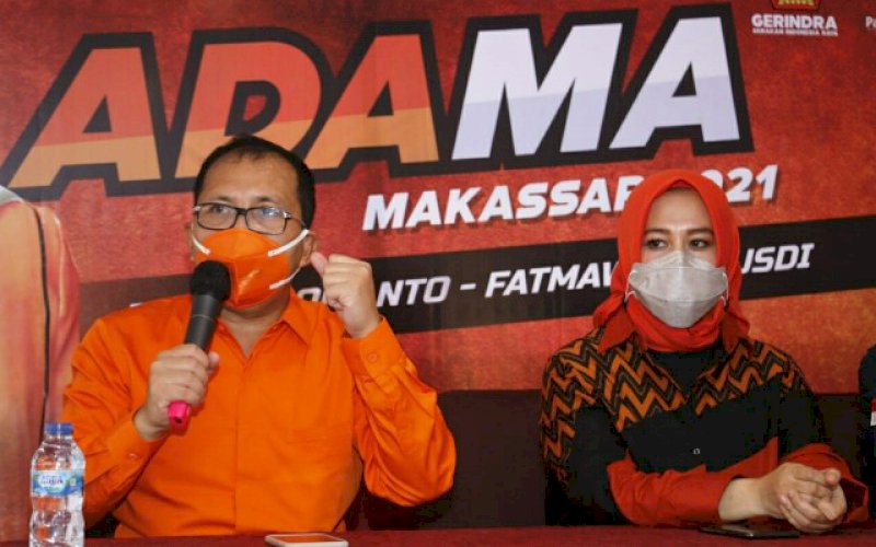 BERI KETERANGAN. Pasangan bakal calon Wali Kota dan Wakil Wali Kota Makassar, Mohammad Ramdhan Pomanto-Fatmawati Rusdi (Danny-Fatma) saat mengadakan konferensi pers di MGH, Selasa (2/9/2020). Pasangan ini, akan menggelar deklarasi di Pantai Losari, Kota Makassar, Kamis (3/9/2020). foto: istimewa