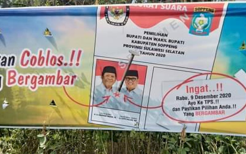 APK. Alat Peraga Kampanye (APK) pasangan calon Bupati dan Wakil Bupati Soppeng yang terpasangan di lapangan. Nampak, tulisan menimpali kolom kosong. foto: istimewa