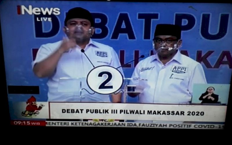 DEBAT. Paslon Pilwalkot Makasssar 2020 Munafri Arifuddin-Abd Rahman Bando (Appi-Rahman) pada debat jilid tiga di Jakarta, Jumat (4/12/2020). foto: istimewa