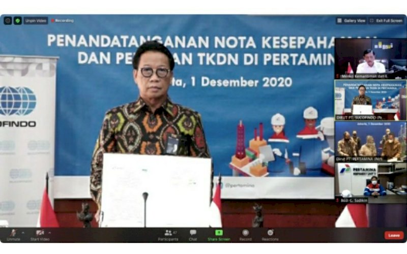 KERJA SAMA. Direktur Utama PT Sucofindo (Persero), Bachder Djohan Buddin, pada penandatanganan nota kesepahaman antara PT Sucofindo (Persero) dengan PT Pertamina (Persero) di Jakarta, Selasa (1/12/2020). foto: istimewa