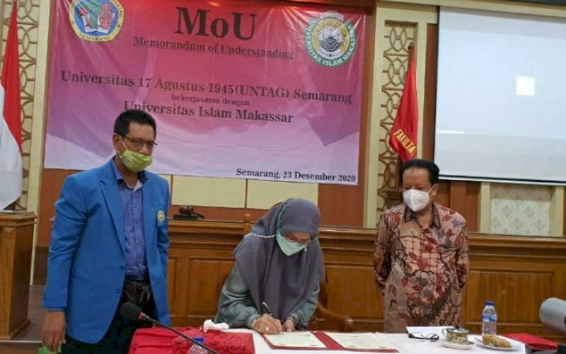 MOU. Rektor Untag Semarang Prof Dr Suparno dan DR Ir Hj Majdah M Zain MSi melakukan penandatanganan kerja sama Memorandum of Understanding (MoU). foto: istimewa