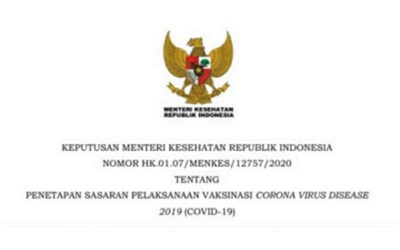 SK. Surat Keputusan (SK) Menteri Kesehatan RI tentang Penetapan Sasaran Pelaksanaan Vaksinasi Corona Virus Disease 2019 (Covid-19). foto: istimewa