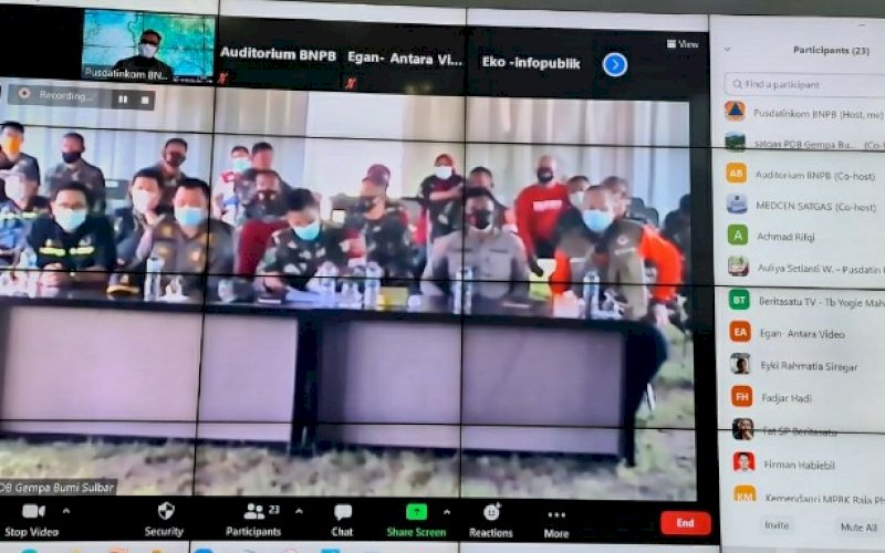 KONFERENSI PERS. Kementerian Kesehatan bersama stakeholder lainnya melakukan konferensi pers penanganan bencana pasca gempa magnitudo 6,2 Sulbar, Selasa (19/1/2021) sore. foto: istimewa