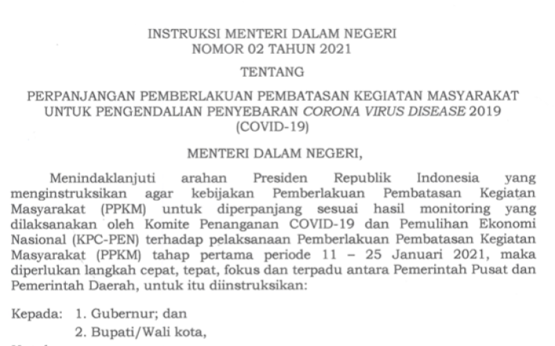 INMENDAGRI. Instruksi Mendagri (Inmendagri) tentang Perpanjangan Pemberlakuan Pembatasan Kegiatan Masyarakat (PPKM) untuk Covid-19. foto: setkab