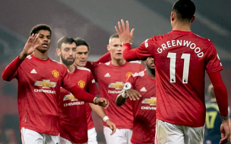 PESTA GOL. Pemain Manchester United&nbsp;merayakan kemenangan usai membantai Southampton pada laga pekan ke-22&nbsp;Premier League&nbsp;2020/2021 di Old Trafford, Rabu (3/2/2021) dini hari WITA. foto: twitter @manutd