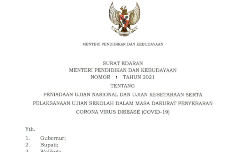 SURAT EDARAN. Surat Edaran Menteri Pendidikan dan Kebudayaan Nomor 1 Tahun 2021. foto: screenshot
