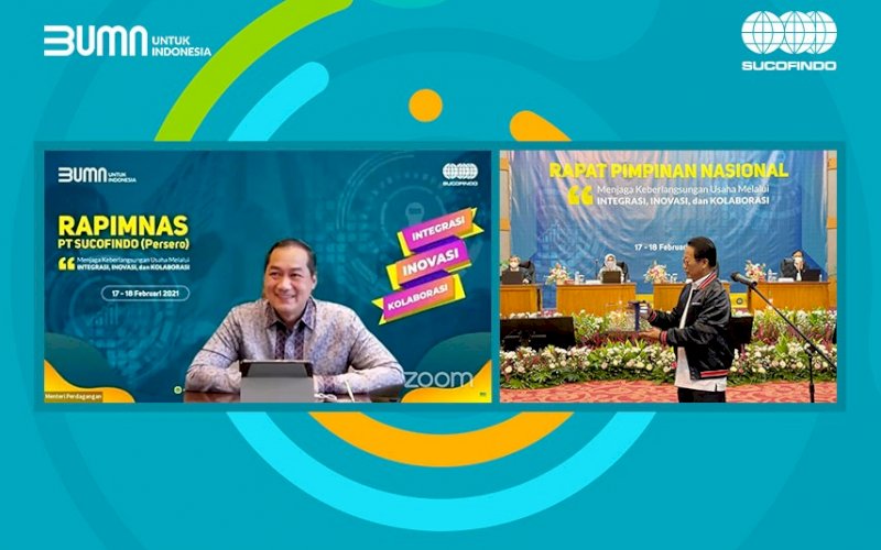 RAPIMNAS SUCOFINDO. Mendag RI, Muhammad Lutfi (kiri), hadir dan membuka kegiatan Rapimnas 2021 PT Sucofindo (Persero) melalui layanan daring, Kamis (18/2/2021). Tampak Direktur Utama PT Sucofindo (Persero), Bachder Djohan Buddin (kanan). foto: humas sucofindo