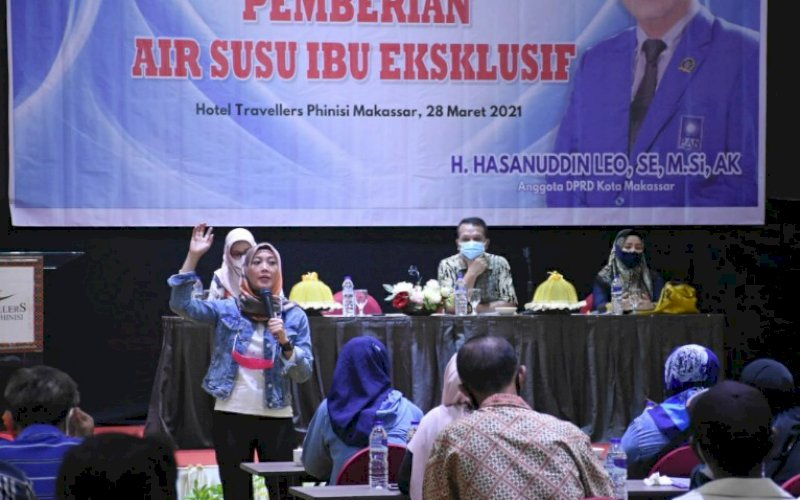 SOSIALISASI PERDA. Anggota DPRD Kota Makassar, Hasanuddin Leo, menggelar sosialisasi Perda nomor 3 tahun 2016 tentang Pemberian ASI Eksklusif di Hotel Travelers Phinisi Makassar, Minggu (28/3/2021). foto: istimewa