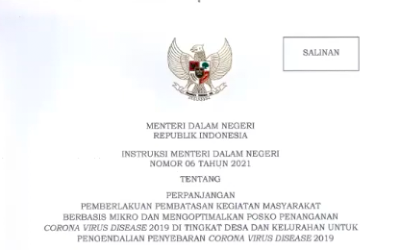 PPKM MIKRO. Instruksi Menteri Dalam Negeri Nomor 6 Tahun 2021 yang terbit pada tanggal 19 Maret 2021 tentang pelaksanaan PPKM Mikro. foto: istimewa