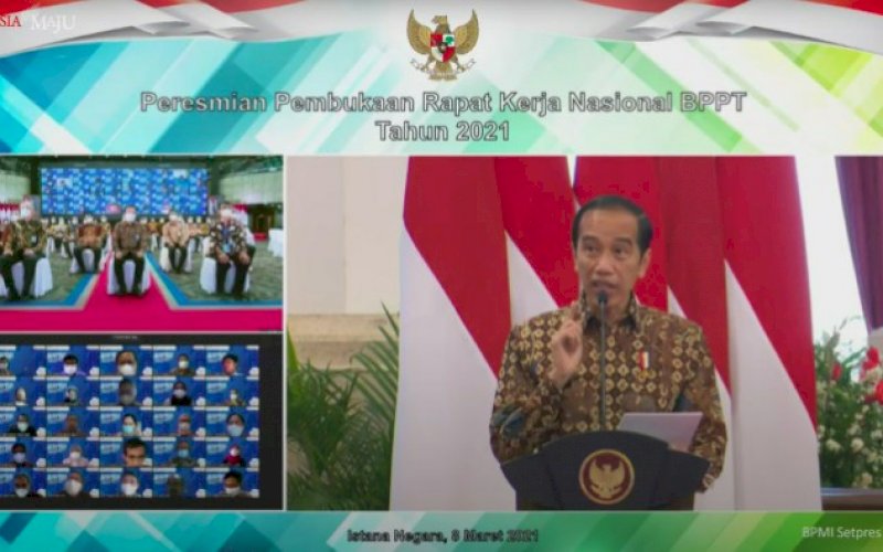 PEMBUKAAN. Presiden Jokowi membuka Rakernas Penguatan Ekosistem Inovasi Teknologi BPPT Tahun 2021, di Istana Negara, Jakarta, Senin (8/3/2021) pagi. foto:&nbsp; tangkapan layar youtube setkab