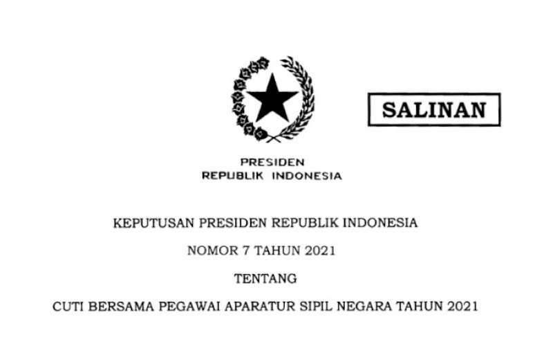 CUTI BERSAMA. Keputusan Presiden (Keppres) Nomor 7 Tahun 2021 tentang Cuti Bersama Pegawai ASN Tahun 2021 pada tanggal 9 April 2021. foto: istimewa