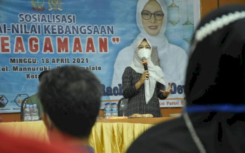 SOSIALISASI. Anggota DPRD Sulsel, Andi Rachmatika Dewi, menggelar sosialisasi nilai-nilai kebangsaan dan keagamaan di Gedung Diklat BKPSDM Provinsi Sulsel, Jl AP Pettarani, Kota Makassar, Minggu (18/4/2021). foto: istimewa