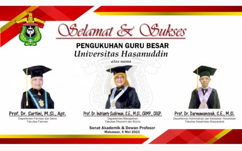 PENGUKUHAN. Unhas Makassar akan mengukuhan tiga guru besarnya di Ruang Senat Lantai 2 Rektorat Kampus Unhas, Tamalanrea, Jl Perintis Kemerdekaan, Kota Makassar, Selasa (4/5/2021). foto: istimewa