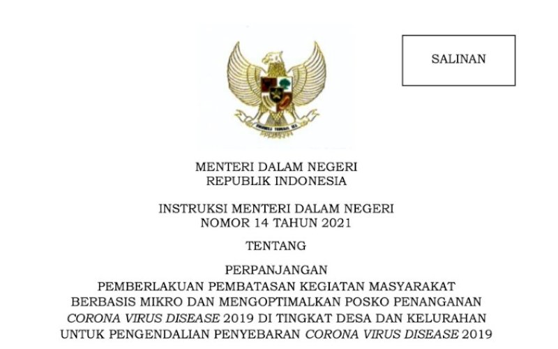 PPKM MIKRO. Instruksi Menteri Dalam Negeri (Inmendagri) Nomor 14 Tahun 2021 tentang PPKM Mikro, yang mulai berlaku 22 Juni hingga 5 Juli 2021. foto: istimewa