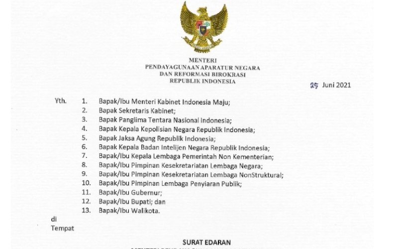 SURAT EDARAN. Surat Edaran Menteri PANRB tentang pembatasan kegiatan bepergian ke luar daerah dan cuti bagi pegawai diperlukan untuk mencegah dan memutus rantai penyebaran Covid-19. foto: istimewa
