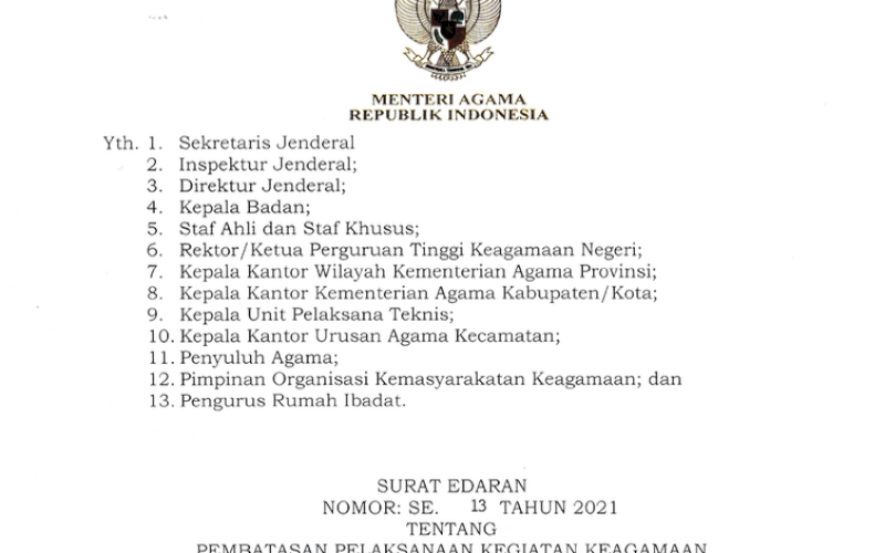 EDARAN. Surat Edaran Nomor 13 Tahun 2021 tentang Pembatasan Pelaksanaan Kegiatan Keagamaan di Rumah Ibadah. foto: istimewa