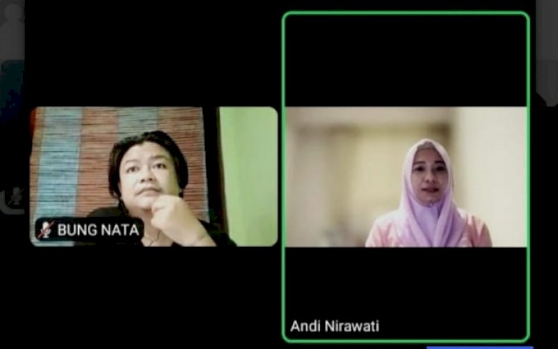 DIALOG VIRTUAL. Women Entreprenuer, Andi Nirawati (kanan), menjadi narasumber dialog publik dengan mengangkat tema 'Pulihkan Perekonomian Masyarakat di Tengah Pandemi Covid-19 dan Solusi UMKM di Situasi PPKM' via Zoom meeting, Rabu (28/7/2021). foto: istimewa