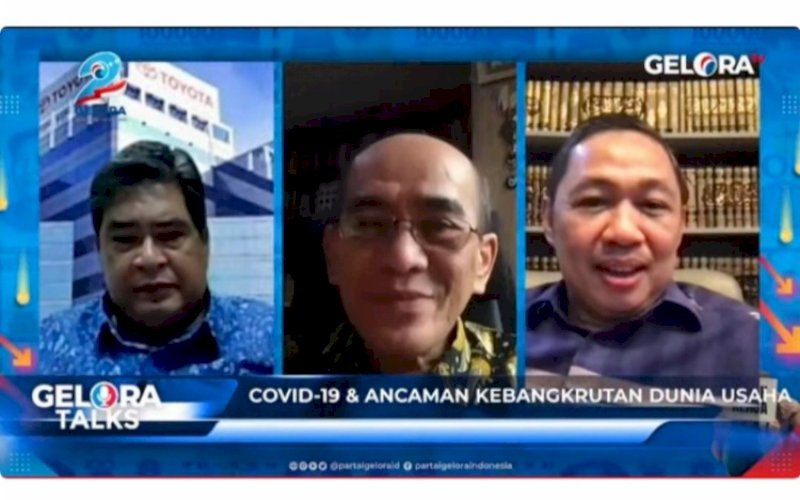 GELORA TALK. Ketua Umum Partai Gelora Indonesia Anis Matta (kanan) bersama Pengamat Ekonomi Faisal Basri (tengah) dan Wakil Ketua Apindo Bob Azam pada diskusi Gelora Talk bertajuk 'Covid-19 dan Ancaman Kebangkrutan Dunia Usaha' di Jakarta, Rabu (13/10/2021). foto: istimewa