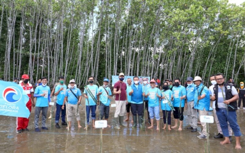 TANAM POHON. Ketua DPW Gelora Sulsel Syamsari Kitta yang juga sebagai Bupati Takalar, Bupati Sinjai Andi Seto Gadhista Asapa, Sekretaris DPW Mudzakkir Ali Djamil, beserta jajaran pengurus DPW Sulsel dan DPD Gelora Sinjai menanam pohon di Desa Passimarannu, Kecamatan Sinjai Timur, Sinjai, Minggu (28/11/2021). foto: istimewa