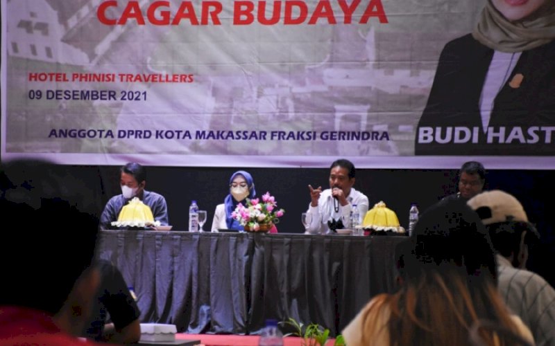 SOSIALISASI PERDA. Anggota DPRD Kota Makassar, Budi Hastuti, menggelar sosialisasi Perda nomor 2 tahun 2013 tentang Pelestarian Cagar Budaya di Hotel Travelers Phinisi Makassar, Kamis (9/12/2021). foto: istimewa