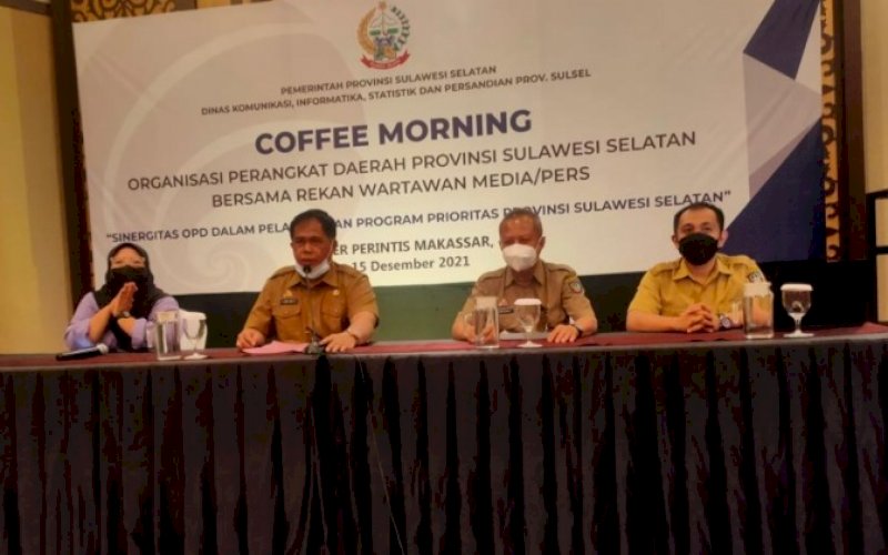 COFFEE MORNING. Dinas Kominfo-SP Provinsi Sulsel mengundang OPD Pemprov Sulsel menggelar coffee morning bersama awak media yang digelar di Hotel Harper Makassar, Senin (13/12/2021). foto: istimewa