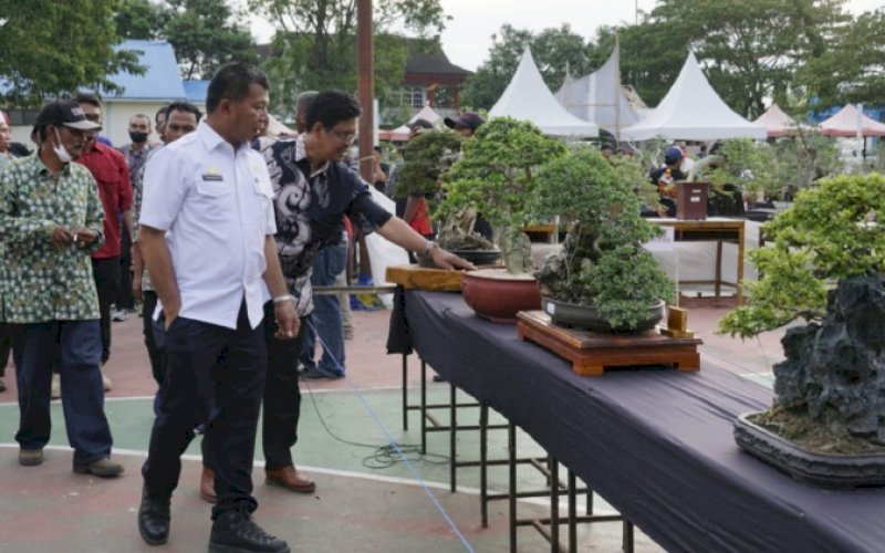 KUNJUNGAN. Bupati Bulukumba, Andi Muchtar Ali Yusuf, mengunjungi pameran bonsai di Gelanggang Olahraga Remaja (GOR) Matajang. foto: istimewa