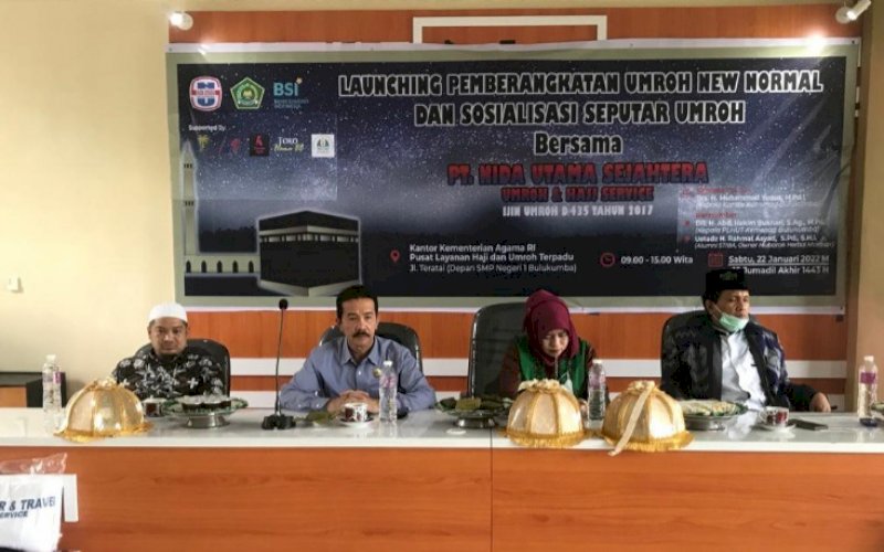LAUNCHING. Launching dan sosialisasi pemberangkatan haji dan umrah new normal yang dilaksanakan Pusat Layanan Haji dan Umrah Terpadu Kantor Kemenag RI di Kota Bulukumba, Sabtu (22/1/2022). foto: istimewa