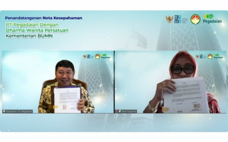 KERJA SAMA. Direktur Utama PT Pegadaian, Kuswiyoto, dalam acara Penandatanganan Nota Kesepahaman antara Dharma Wanita Persatuan Kementerian BUMN dengan PT Pegadaian. foto: istimewa