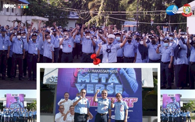 Penjabat Direktur Utama Perumda Air Minum Kota Makassar Beni Iskandar (tengah) didampingi Penjabat Direktur Keuangan Asdar Ali (kiri) dan Penjabat Direktur Teknik Arifuddin Hamarung. foto: istimewa