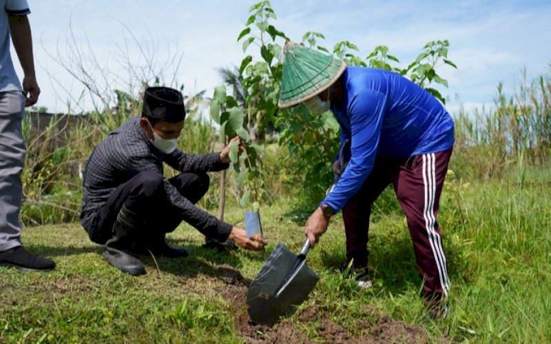 TANAM POHON. Direktur Utama SPJM, Prasetyadi (kanan), menanam bibit pohon jambu kristal di Rumah Hujau Denassa, Sabtu (12/3/2022). foto: istimewa