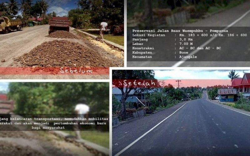 PENGERJAAN JALAN. Kondisi sebelum dan sesudah pada ruas jalan Waempubu-Pompanua yang berada di Desa Leppangeng, Kecamatan Ajangale, Kabupaten Bone. foto: istimewa