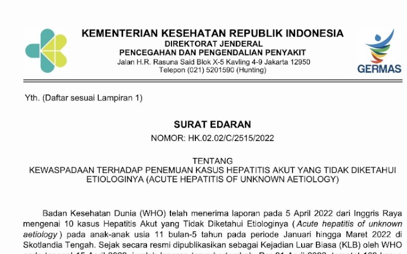 SURAT EDARAN. Kementerian Kesehatan melalui Direktorat Jenderal Pencegahan dan Pengendalian Penyakit mengeluarkan&nbsp;Surat Edaran Nomor HK.02.02/C/2515/2022&nbsp;tentang Kewaspadaan terhadap Penemuan Kasus Hepatitis Akut yang Tidak Diketahui Etiologinya (Acute Hepatitis Of Unknown Aetiology). foto: istimewa