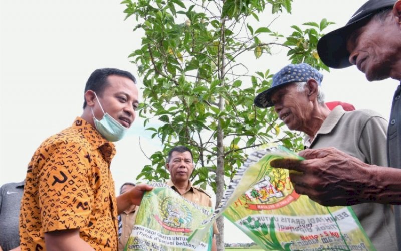 BERSAMA PETANI. Bupati Bulukumba Andi Muchtar Ali Yusuf mendampingi Gubernur Sulsel Andi Sudirman Sulaiman berdiskusi dengan petani saat melakukan peninjauan pada lahan persawahan yang menggunakan benih Program Mandiri Benih di Dusun Polewali, Desa Salemba, Kecamatan Ujung Loe, Kabupaten Bulukumba, Senin (13/6/2022). foto: istimewa