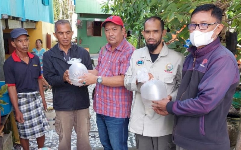 BANTUAN BENUR. Pemprov Sulsel melalui Dinas Kelautan dan Perikanan (DKP) Provinsi Sulsel melakukan penyaluran bantuan benur udang windu atau udang sitto di Kabupaten Maros. foto: istimewa