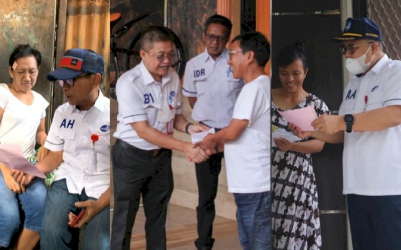 SAPA PELANGGAN. Penjabat Direksi Perumda Air Minum Kota Makassar Beni Iskandar (tengah), Asdar Ali (kanan), dan Arifuddin Hamarung saat turun langsung ke lapangan menyapa pelanggan setianya, Rabu (15/6/2022). foto: istimewa