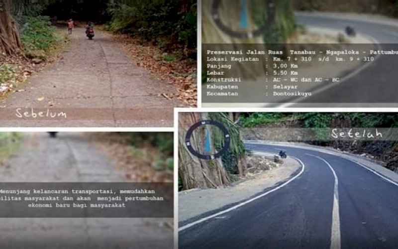 PERBAIKAN JALAN. Kondisi sebelum dan sesudah perbaikan di ruas Jalan Tanabau-Ngapaloka-Pattumbukang di Kabupaten Kepulauan Selayar. foto: istimewa