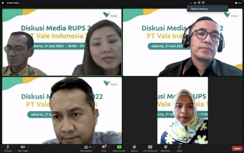 RUPST. PT Vale Indonesia Tbk menyelenggarakan Rapat Umum Pemegang Saham Tahunan (RUPST) secara elektronik melalui aplikasi eASY.KSEI, Selasa (21/6/2022). foto: istimewa