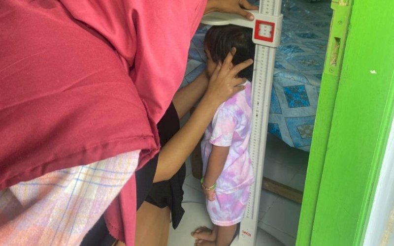 EDUKASI. Tim pendamping gizi Aksi Stop Stunting Pemprov Sulsel secara door to door melakukan pemeriksaan kepada balita, sekaligus mengedukasi orang tua balita untuk mengecek tumbuh kembang anak di posyandu. foto: istimewa
