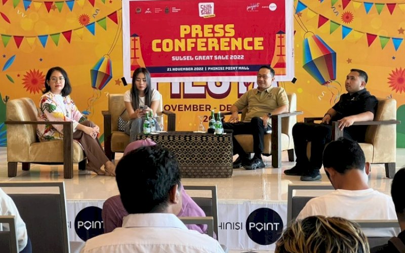PRESS CONFERENCE. Press conference Sulsel Great Sale 2022 di di Mall Phinisi Point Makassar, Senin (21/11/2022). Ajang promosi dan pemasaran UMKM ini, digelar mulai 23-27 November 2022 di Mall Phinisi Point Makassar. foto: istimewa
