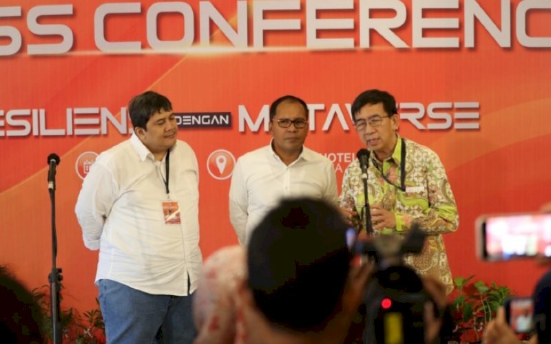 BERI KETERANGAN. Wali Kota Makassar, Moh Ramdhan Pomanto, saat memberikan keterangan, termasuk terkait rencana penerapan pendidikan Metode Gasing pada Rakorsus Pemkot Makassar 2023 di Hotel Four Points Sheraton Makassar, Selasa (14/3/2023). foto: istimewa