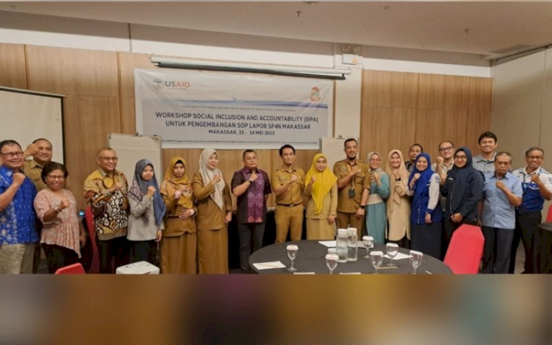 WORKSHOP. USAID IUWASH Tangguh bersama Pemkot Makassar menggelar workshop lSIPA pengembangan SOP SP4N-LAPOR! di Hotel Ibis Makassar Workshop, 23-24 Mei 2023. foto: istimewa
