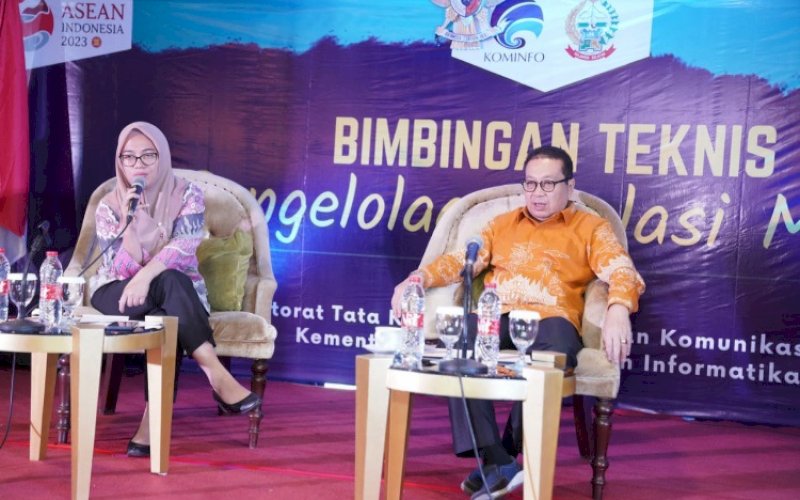 BIMTEK. Pelaksanaan Bimbingan Teknis (Bimtek) yang digelar Kementerian Komunikasi dan Informasi Republik Indonesia (Kemenkominfo RI) di Swiss-Belhotel Makassar, Kamis (20/7/2023). foto: istimewa
