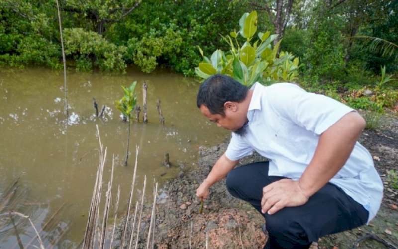 PENANAMAN. Gubernur Sulsel, Andi Sudirman Sulaiman, melakukan sharing terkait carbon trading dengan mengunjungi hutan mangrove sekaligus menanam bibit mangrove di daerah Bintan bersama sejumlah Kepala OPD di Tanjung Pinang, Provinsi Kepri, Jumat (25/8/2023). foto: istimewa