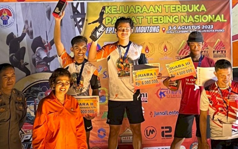 JUARA. Atlet FPTI Kota Makassar, Muh Ari Prsatyo, meraih juara I dengan meraih medali emas pada Kejuaraan Terbuka Tingkat Nasional FPTI Parigi Moutong 2023, 3-6 Agustus 2023 di Alun-alun Kabupaten Parigi Moutong, Provinsi Sulteng). foto: istimewa
