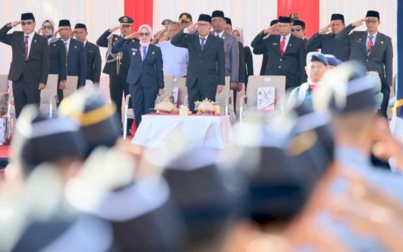 HUT. Wali Kota Makassar, Moh Ramdhan Pomanto, menghadiri puncak peringatan HUT Kementerian Hukum dan HAM RI ke-78 di Lapangan Rencana Pembangunan Kantor Kemenkumham Sulsel, Jl Sultan Alauddin, Makassar, Senin (21/8/2023). foto: istimewa