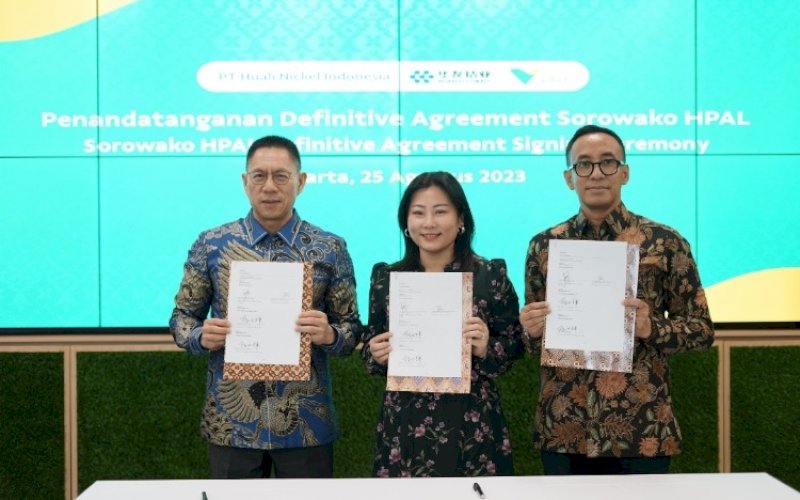KERJA SAMA. PT Vale Indonesia Tbk menandatangani Perjanjian Kerja Sama Definitif dengan Zhejiang Huayou Cobalt Co Ltd (Huayou) dan PT Huali Nickel Indonesia (Huali) untuk pembangunan fasilitas pengolahan nikel dengan teknologi High-Pressure Acid Leaching (HPAL). foto: istimewa